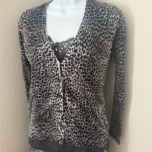New York & Co Animal Print Button Down Cotton Cardigan Sweater Black Gray XS